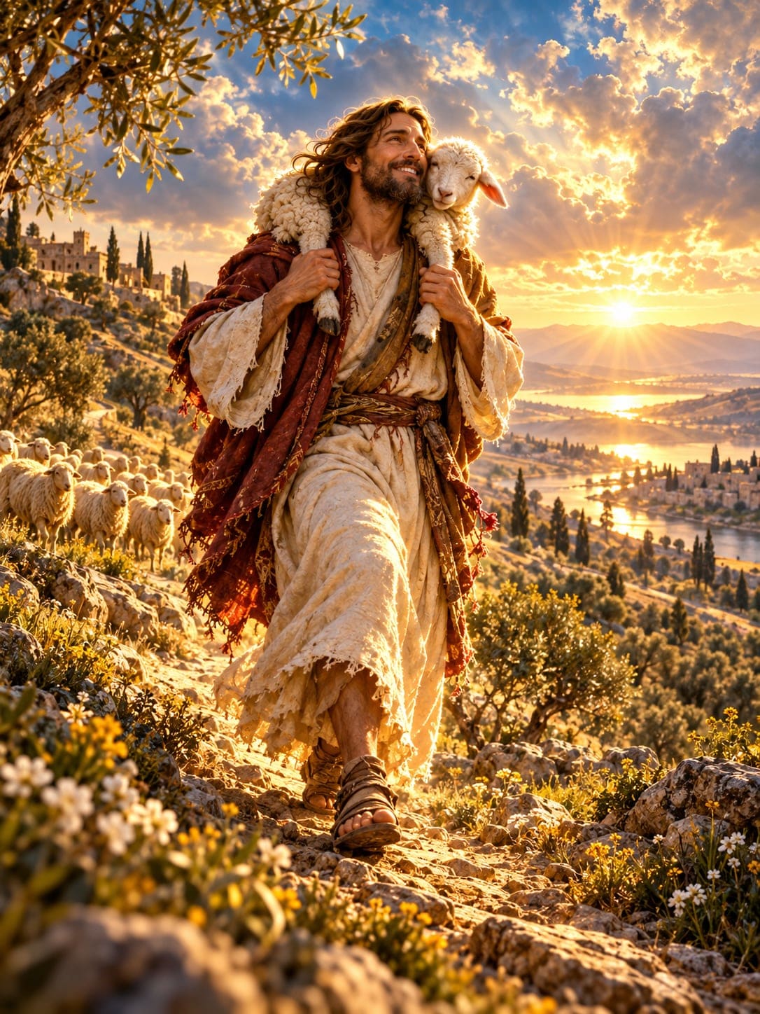 A smiling shepherd carries a lamb across his shoulders down a rocky hillside path at sunset, his flock behind him and a lakeside town below.