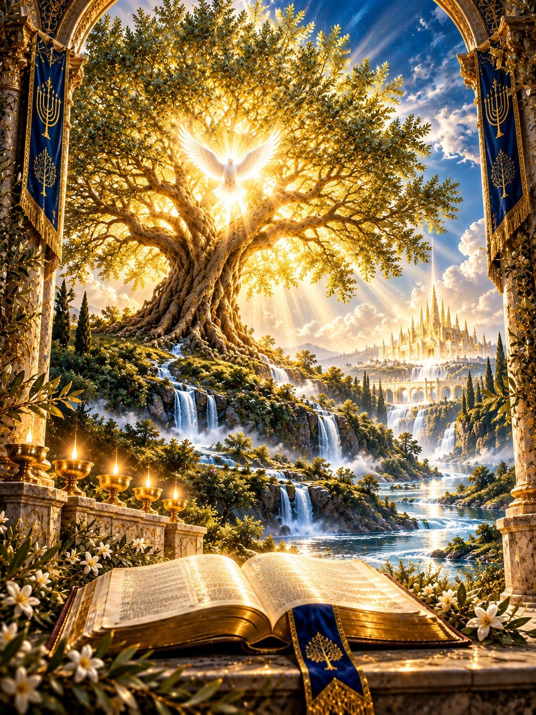 A golden Tree of Life with a radiant dove in its branches, framed by temple columns and menorah banners. Waterfalls and a river flow toward a shining city, and an open Bible lies beside lit lamps.